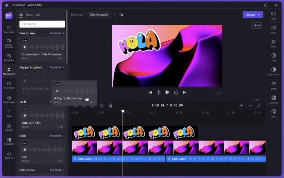 Clipchamp video editing interface showing timeline and assets