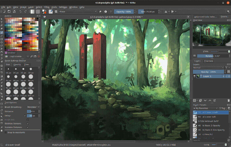 The Krita interface showing a digital painting and photo manipulation project