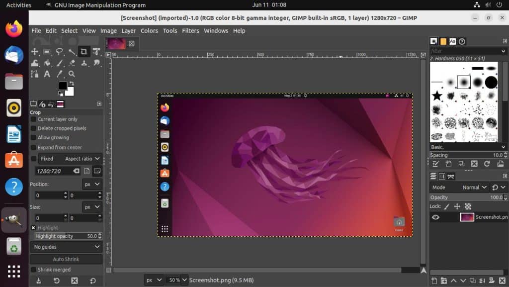 GIMP interface on Ubuntu Linux showing photo editing tools