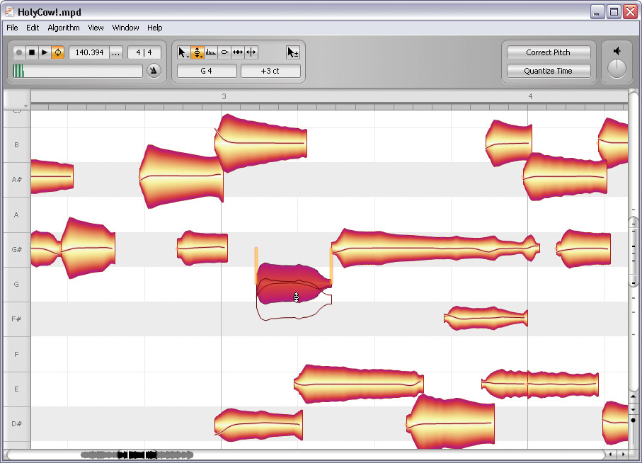 Melodyne DNA visualization showing individual blobs within a chord
