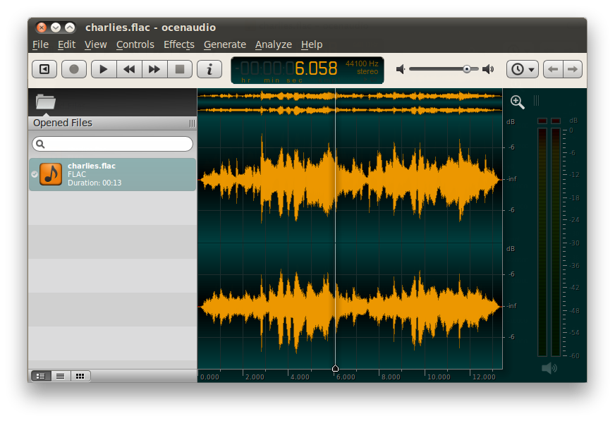 Ocenaudio interface showing a clean waveform on a Linux system
