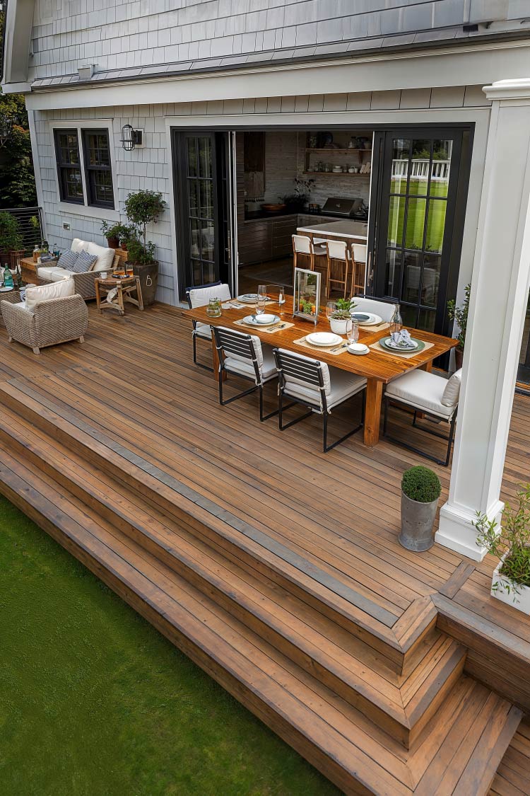 A floating patio deck design that avoids structural interference with the house foundation