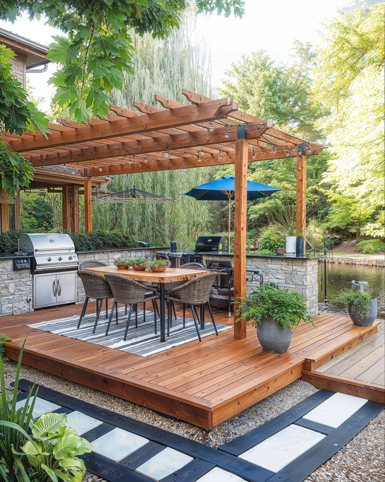 A deck featuring a pergola for shade and architectural interest
