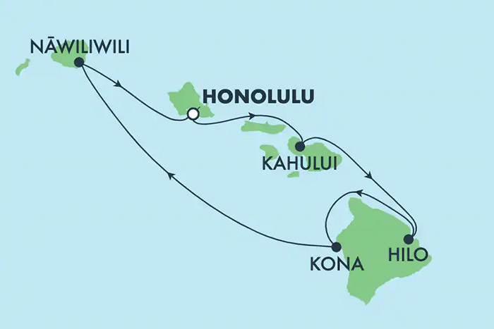 Map showing the 7-day inter-island Hawaii cruise route visiting Oahu Maui Kauai and the Big Island