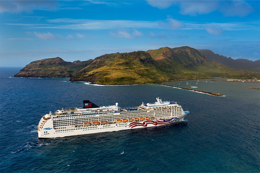 Norwegian Cruise Line ship docked at the port of Nawiliwili in Kauai Hawaii