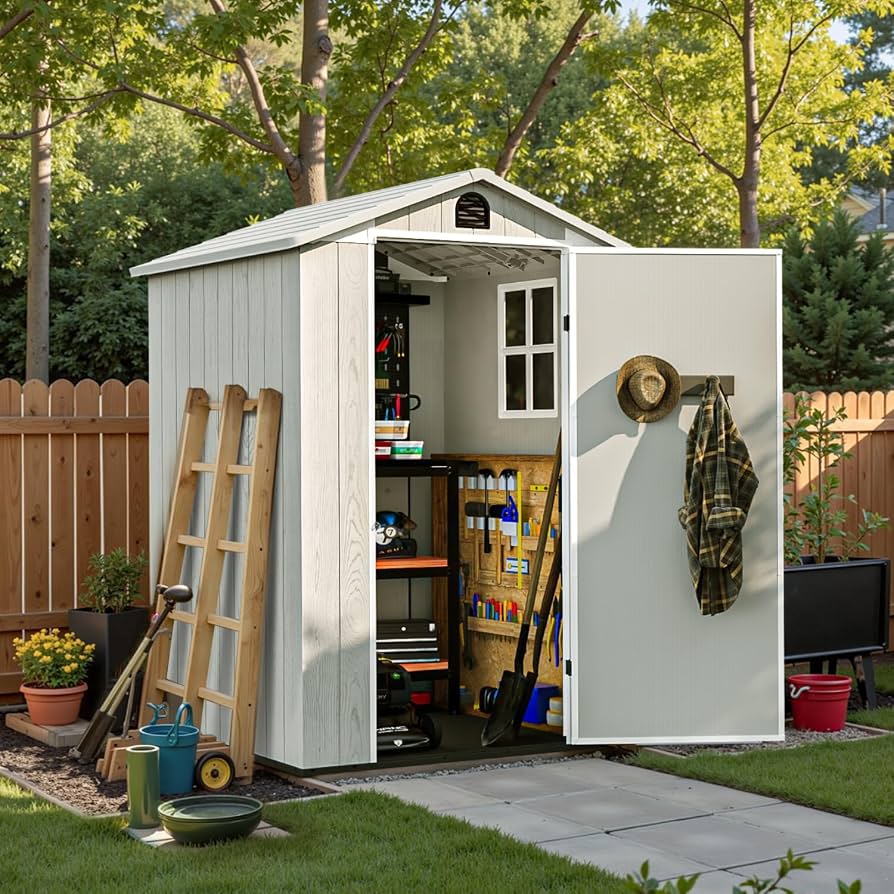 Light grey resin outdoor storage shed with double doors and floor