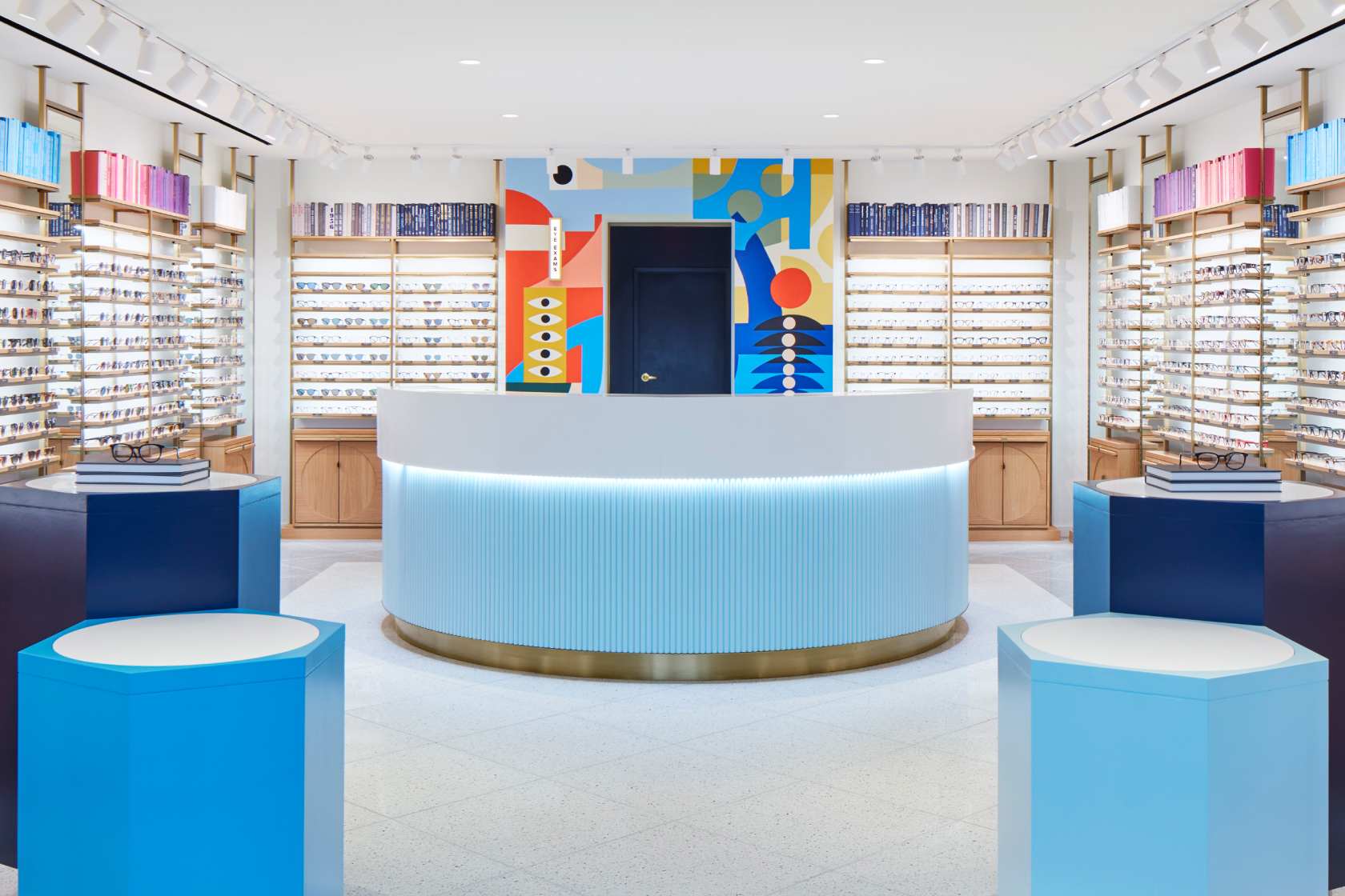 Modern designer eyewear boutique interior with luxury frames on display