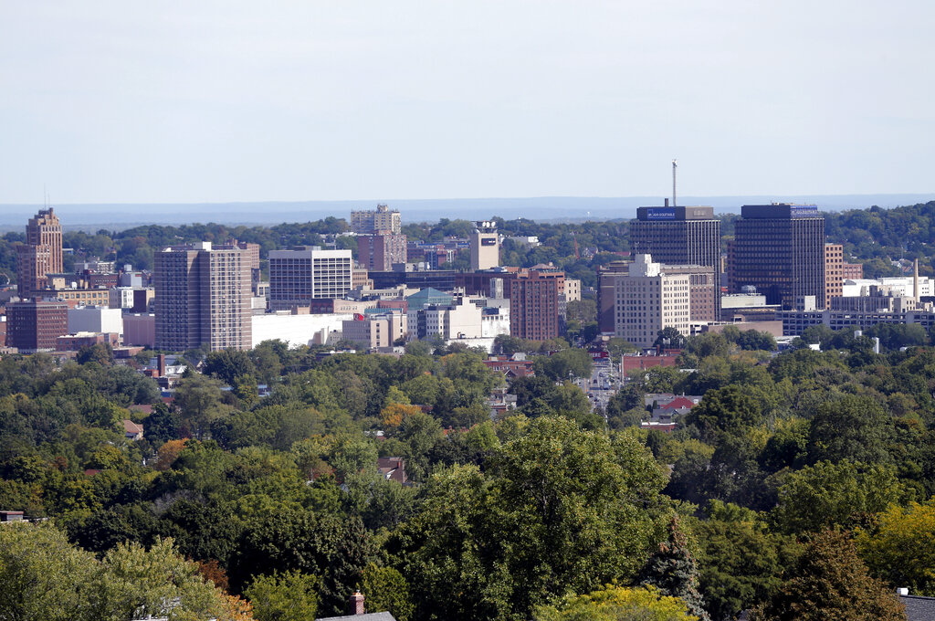 Aerial view of Syracuse NY skyline at sunset