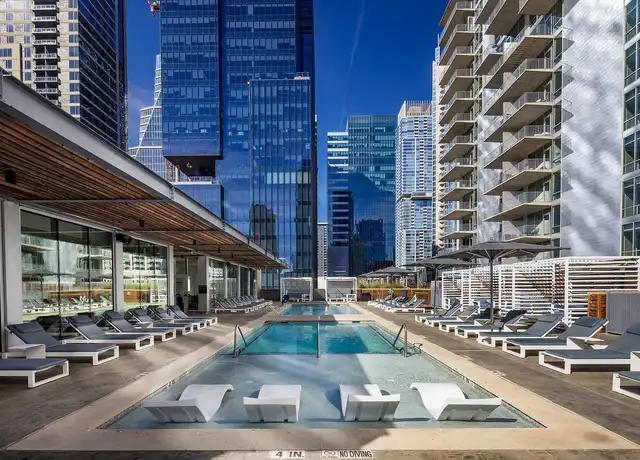 Modern apartment buildings in Downtown Austin TX showing high-rise density
