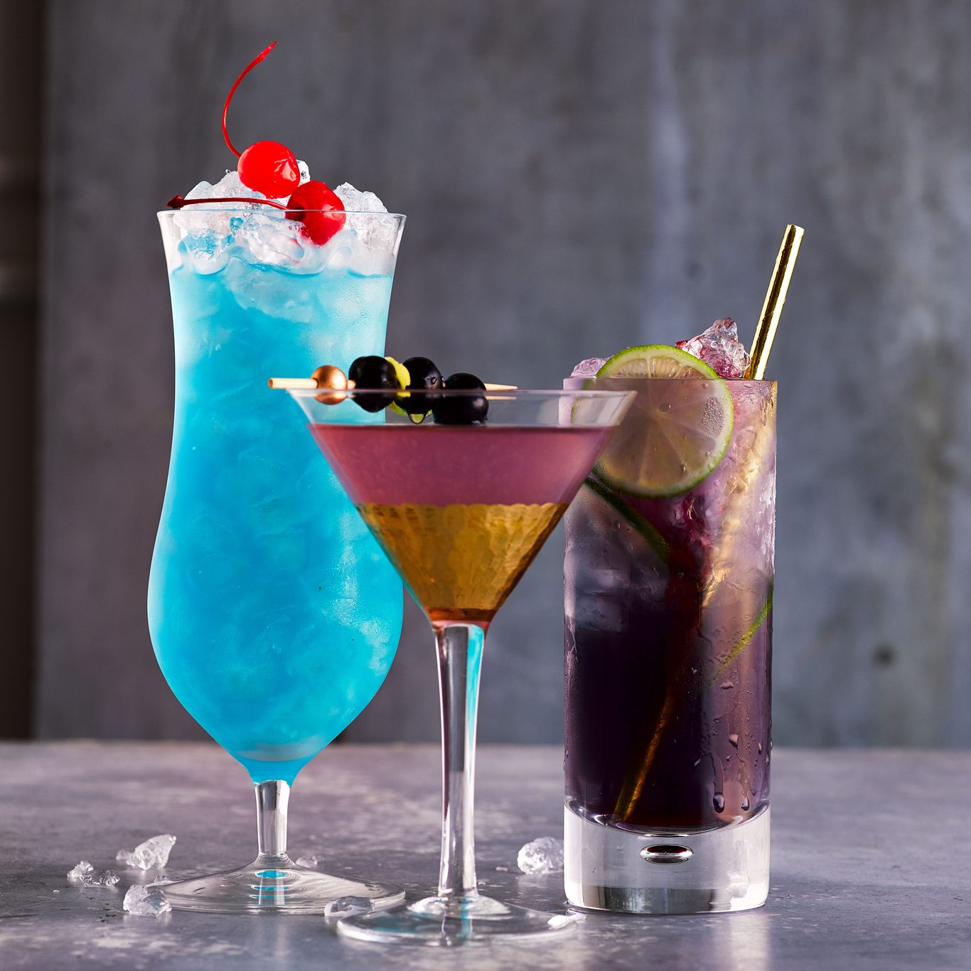 A collection of classic retro cocktails including a Martini and Negroni