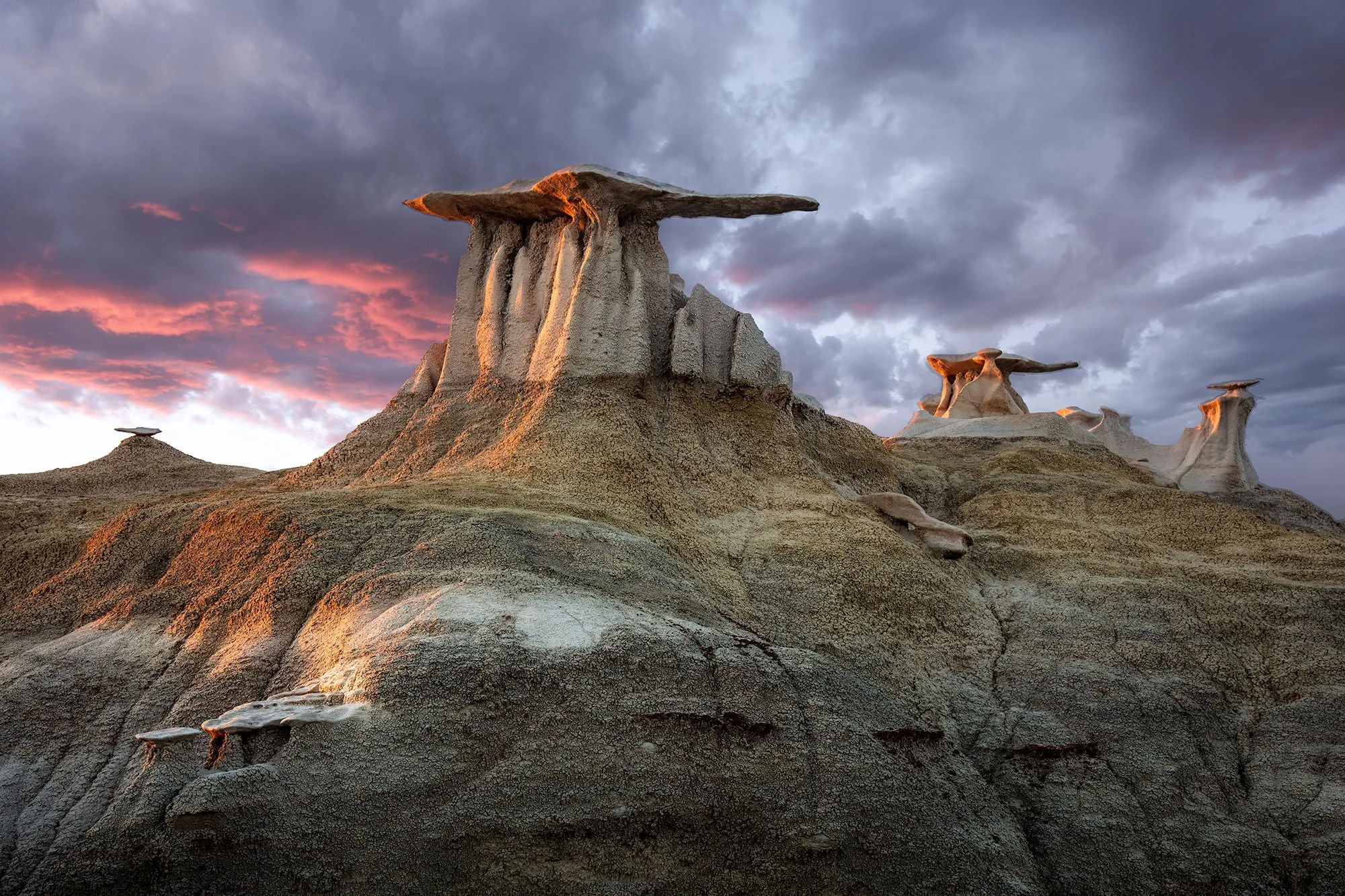 Long exposure photo of the Bisti Wings under a starry night sky