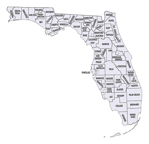 Detailed map of Florida counties showing boundaries and names