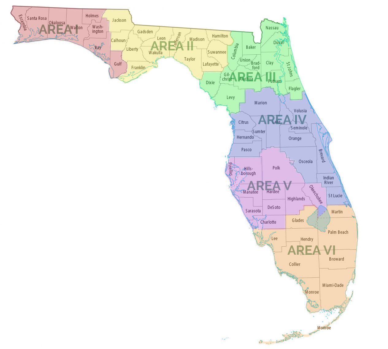 Map of Florida Educational Negotiator Areas by county