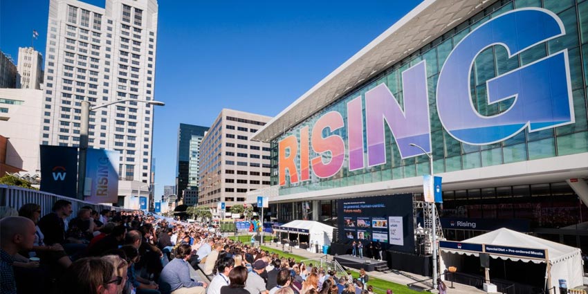 Workday Rising 2025 branding at the Moscone Center in San Francisco