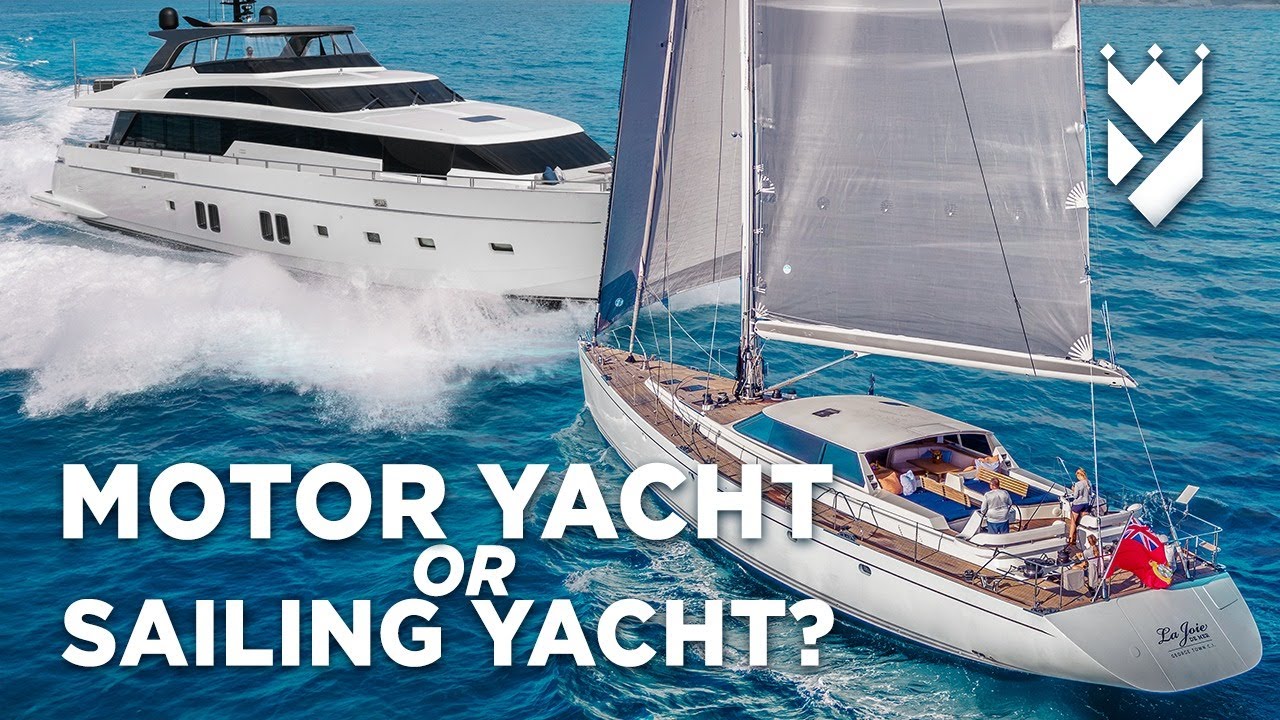 Comparison between a modern motor yacht and a luxury sailing yacht at sea