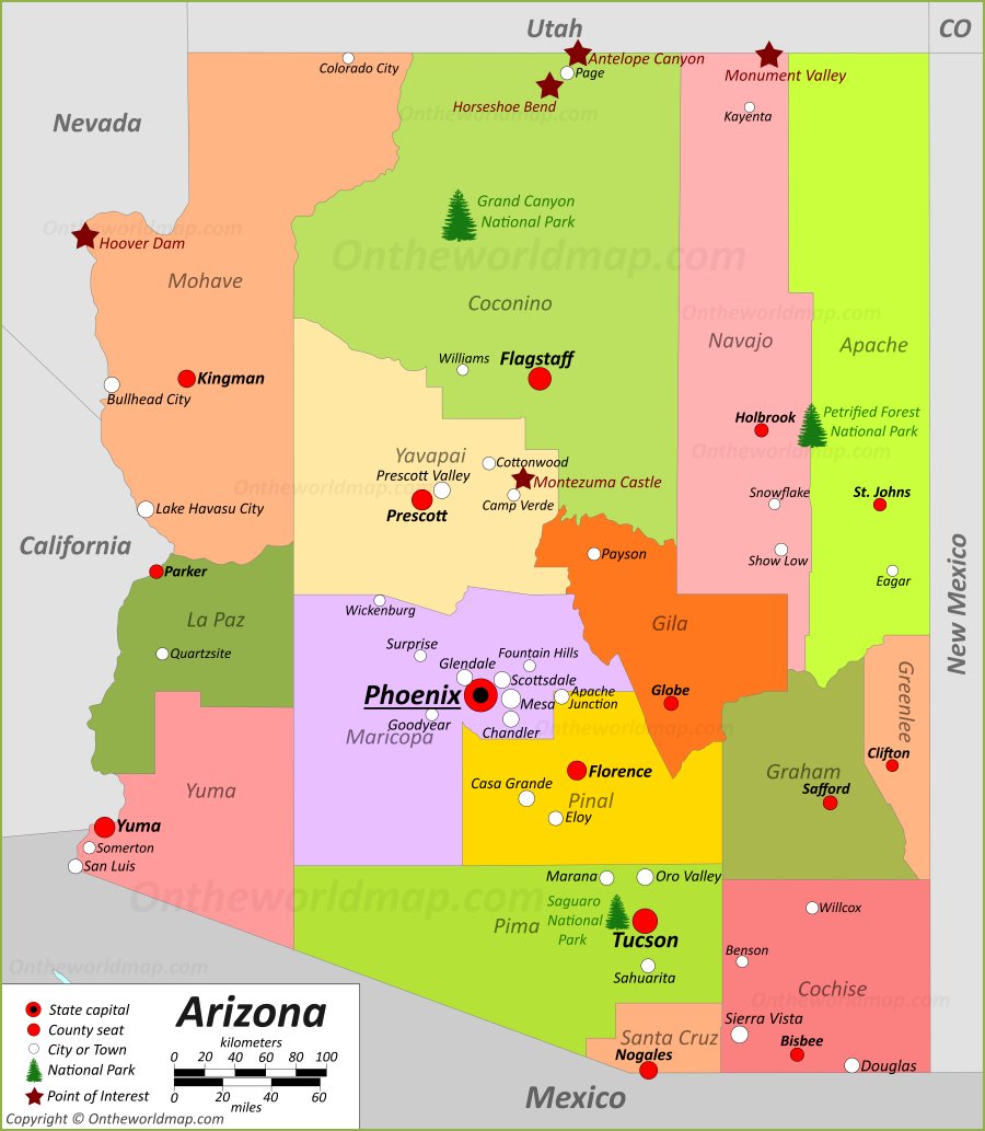 Detailed map of Arizona cities, counties, and major interstate highways