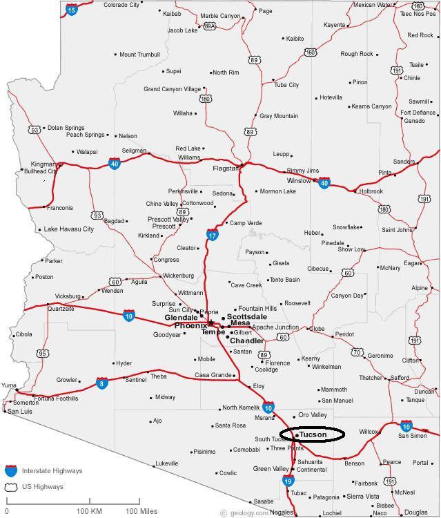 Map highlighting the Phoenix and Tucson metropolitan corridors