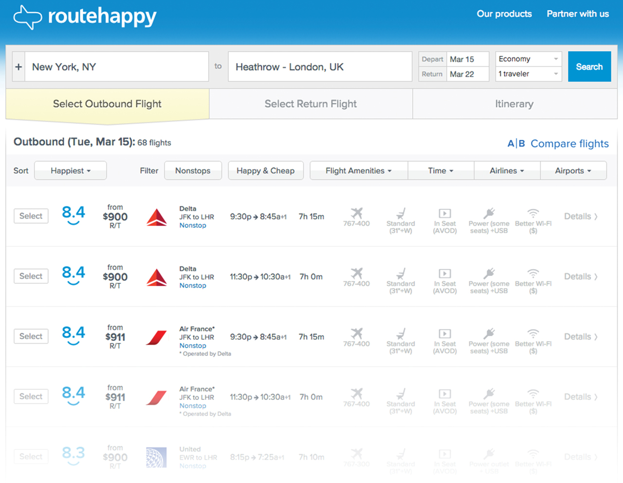 Comparison of flight search results on a laptop screen showing multiple airline options