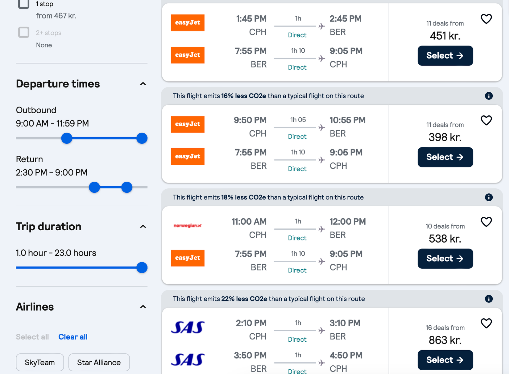 Screenshot of a flight comparison website interface showing various filters and price options