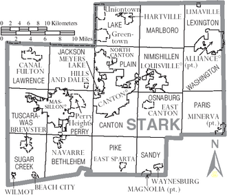 Map of Stark County Ohio showing municipalities and townships
