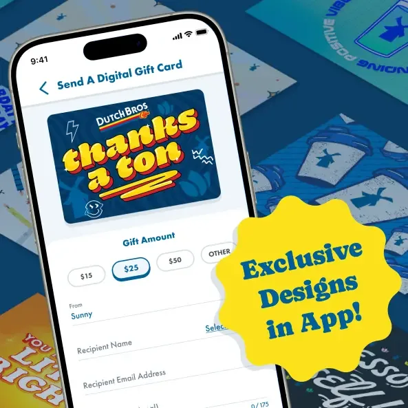 Screenshot of the Dutch Bros App showing digital gift card integration