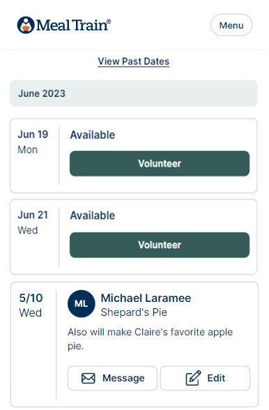 Meal Train gift card participant questions interface