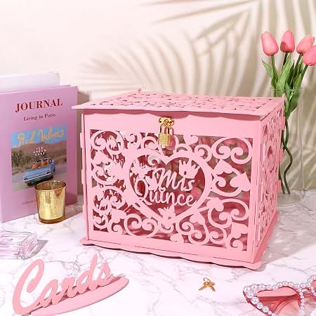 Personalized wooden Quinceañera card box with lock and pink accents