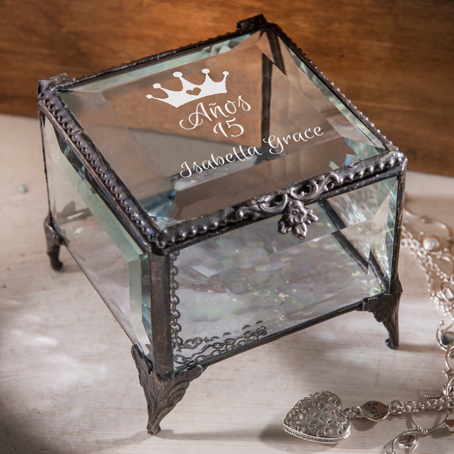Personalized glass keepsake box for Quinceañera gifts