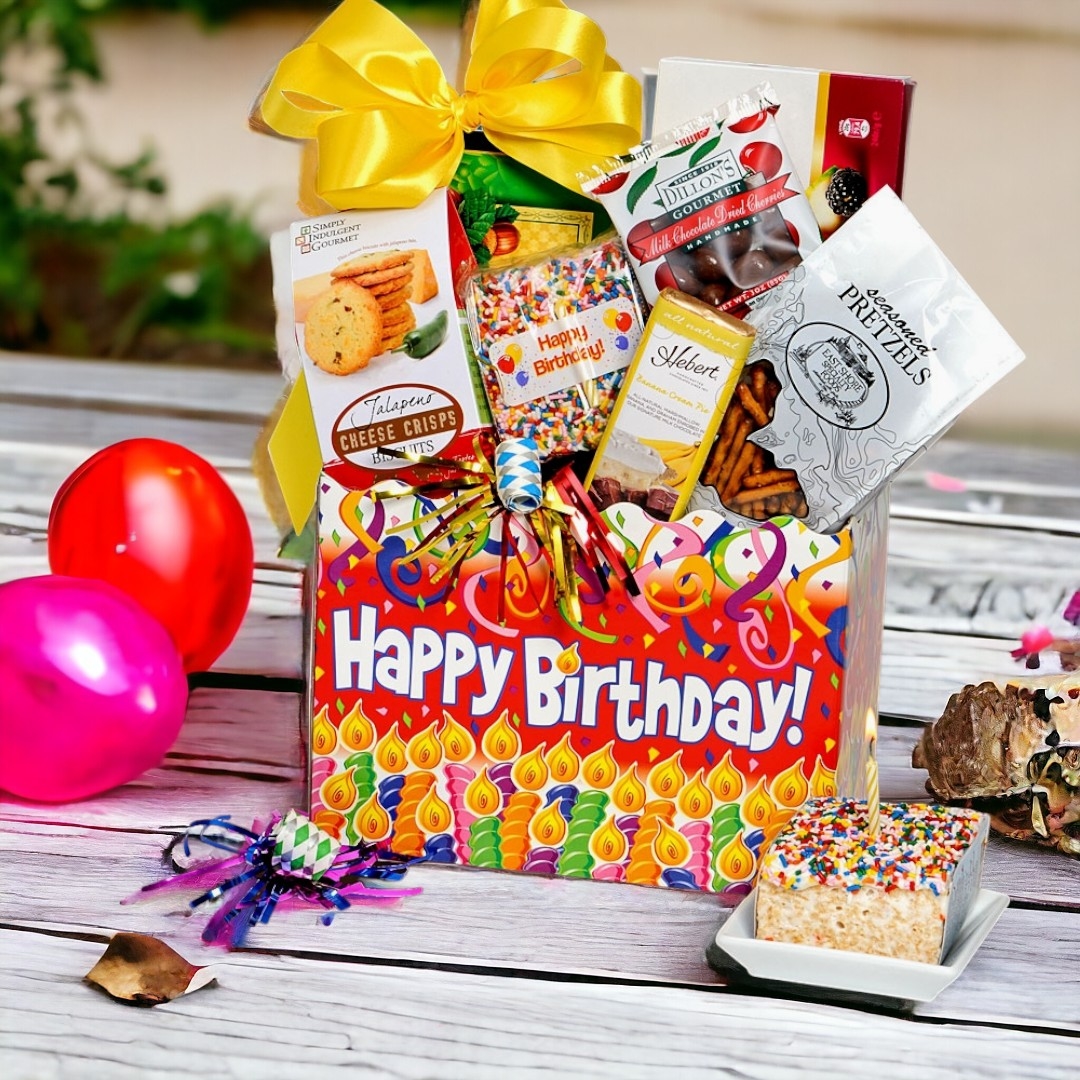 Birthday celebration gift basket with colorful balloons and snacks