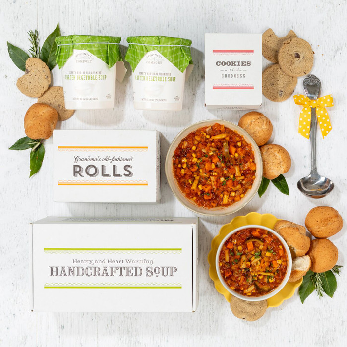 Gourmet vegan meal gift set featuring plant-based soup and rolls