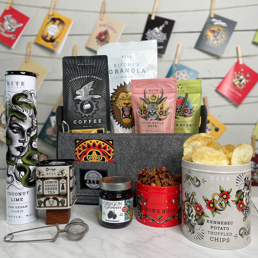 Bite Society vegan gift basket with tea and snacks