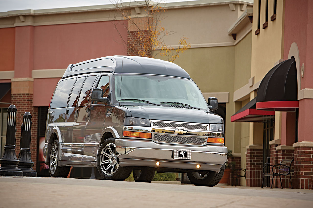 Interior seating of a 7-passenger Chevy Explorer conversion van
