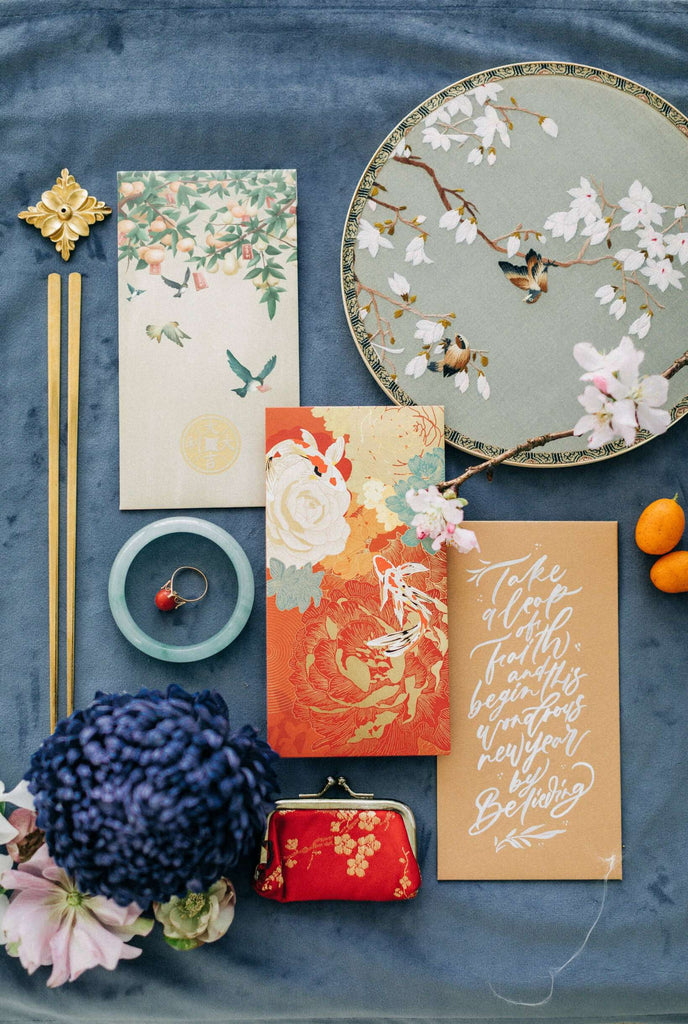 Traditional Chinese wedding symbols and red envelope designs