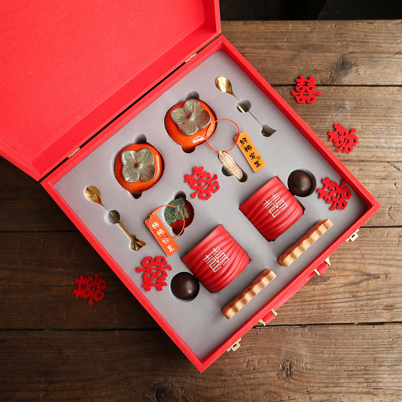 Modern Chinese wedding tea set with traditional motifs