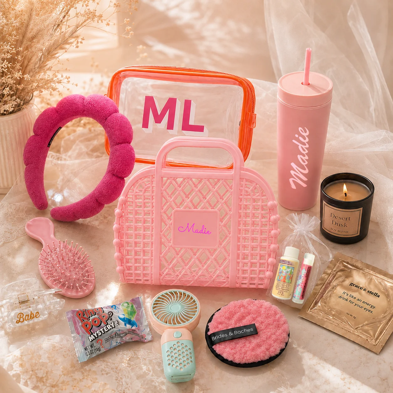 A curated bachelorette gift bag with personalized items and skincare