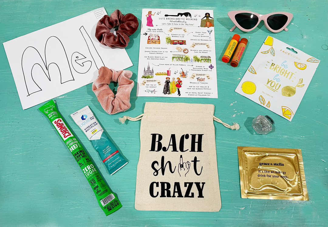Bachelorette party gift bag items including sunglasses and accessories
