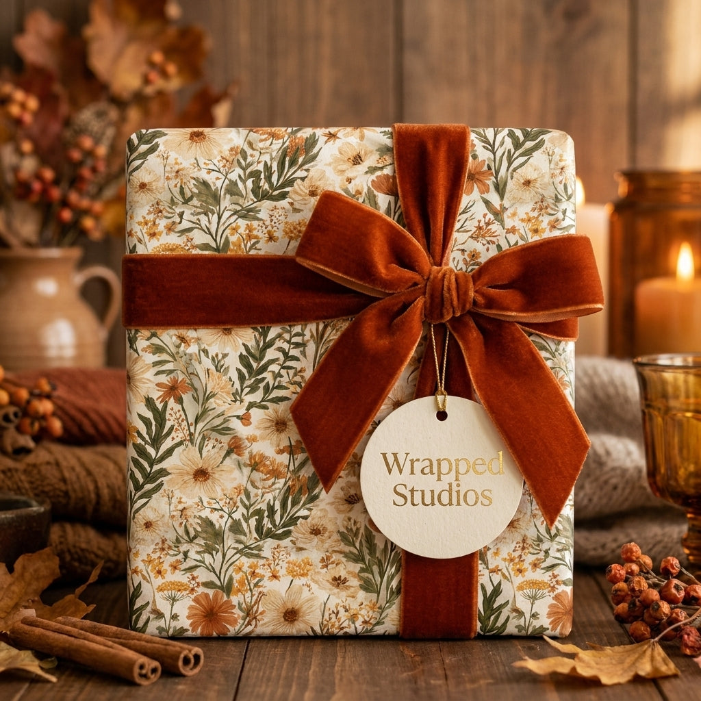 Vintage botanical autumn wrapping paper with floral and leaf patterns