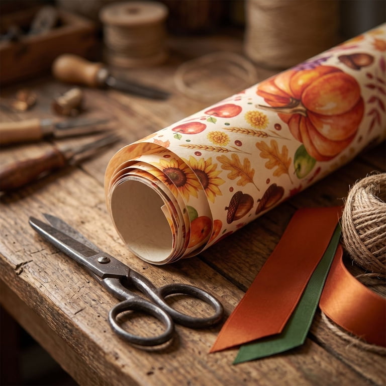 Set of five autumn print gift wrapping paper sheets including pumpkins and pinecones