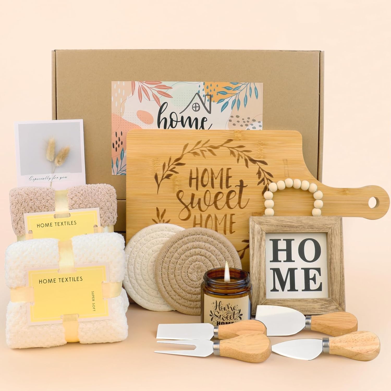 A curated housewarming gift basket with practical items for a new home